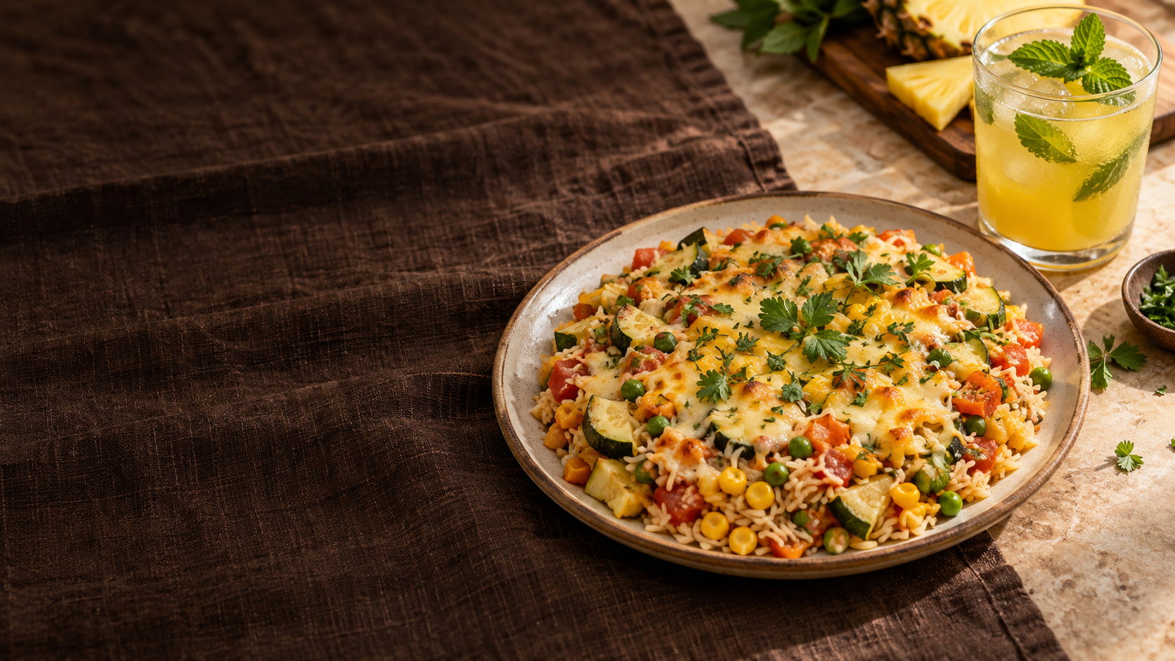 Arroz de forno colorido ao lado de um suco amarelo com hortelã