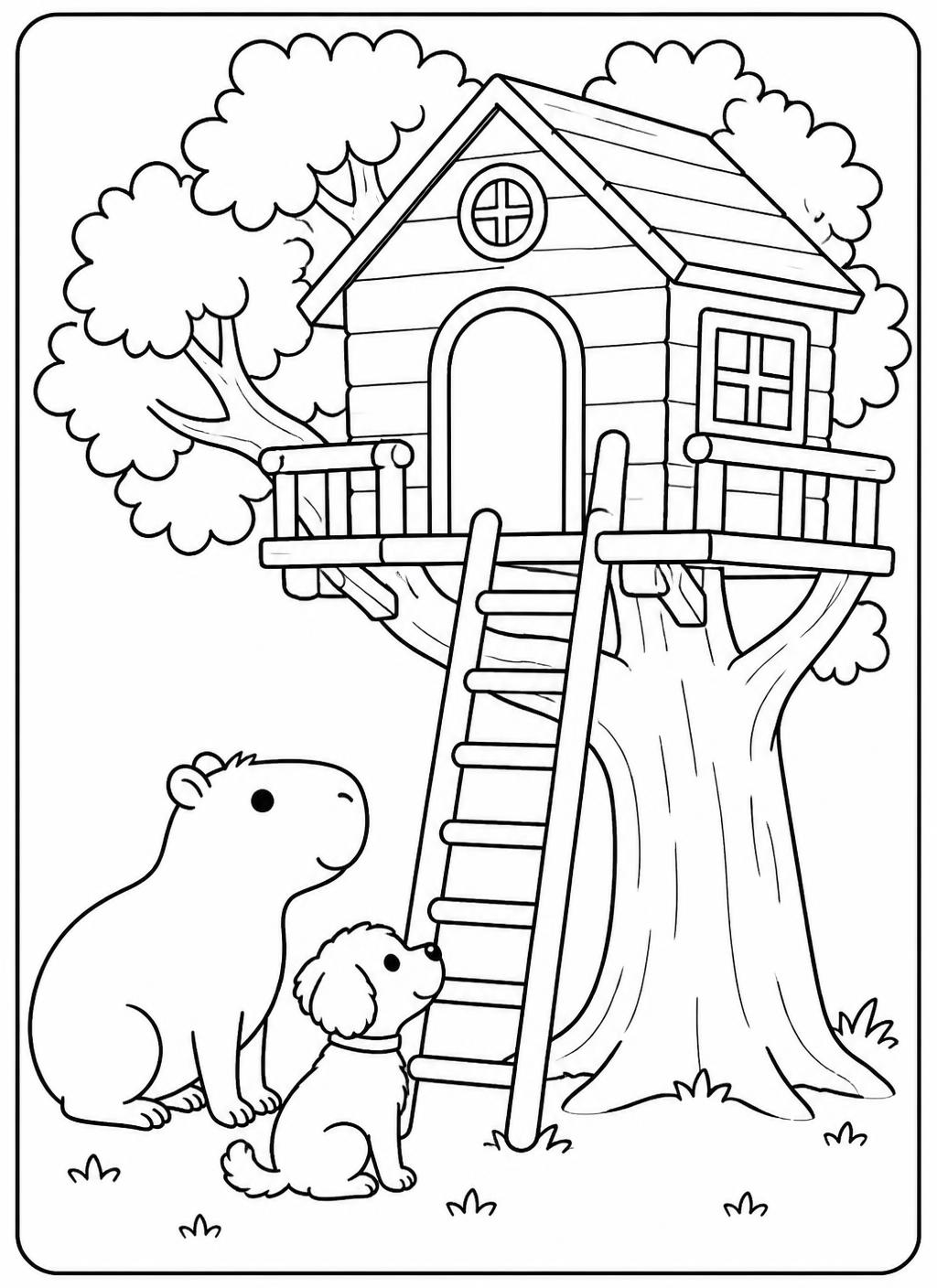 Página real do PDF com uma casa na árvore, escada e dois personagens para colorir