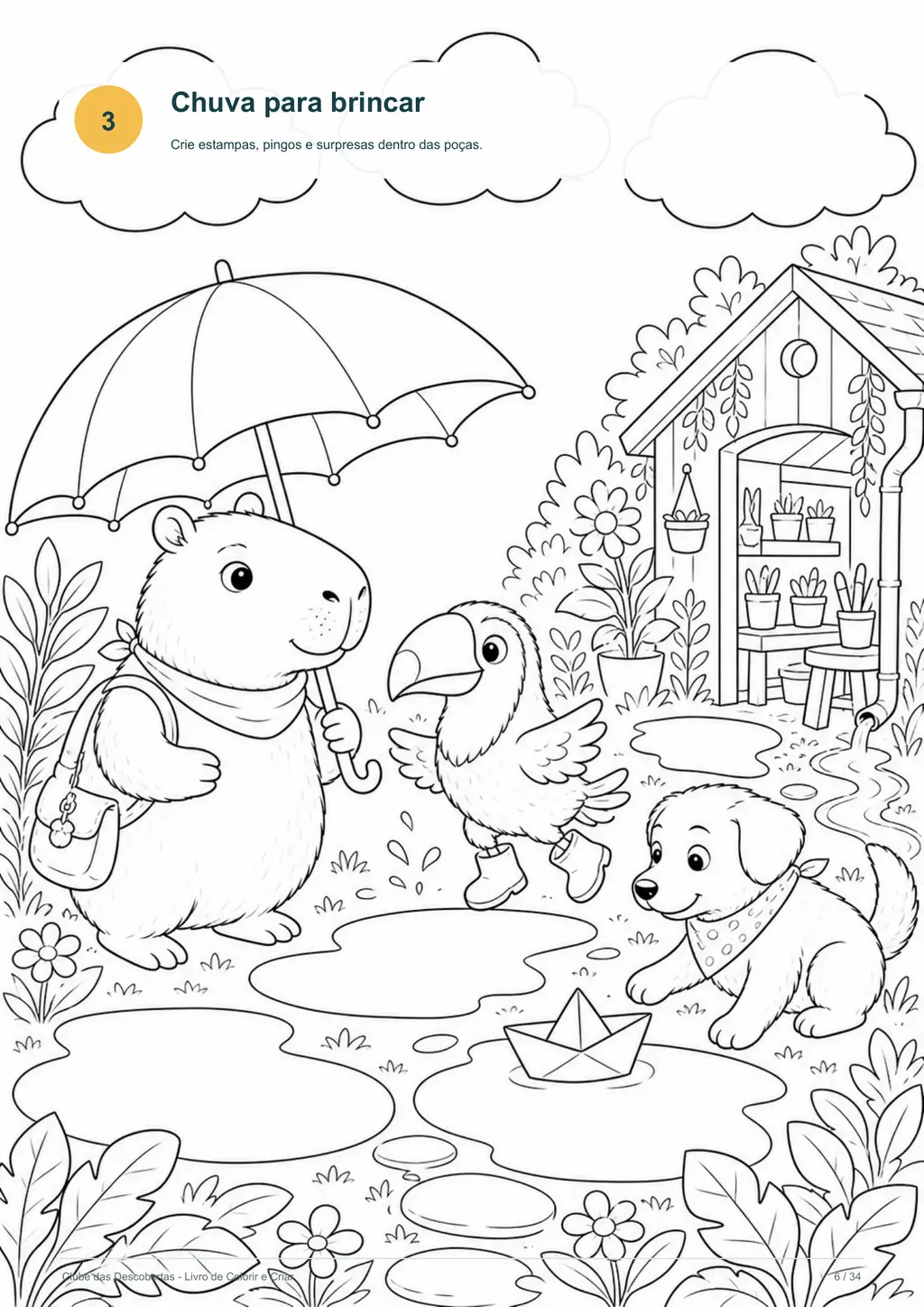 Página original Chuva para brincar, com personagens e poças para completar