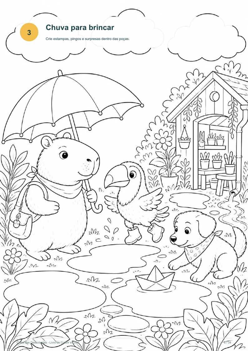 Página real do PDF com uma cena de chuva, poças e três personagens para colorir e completar