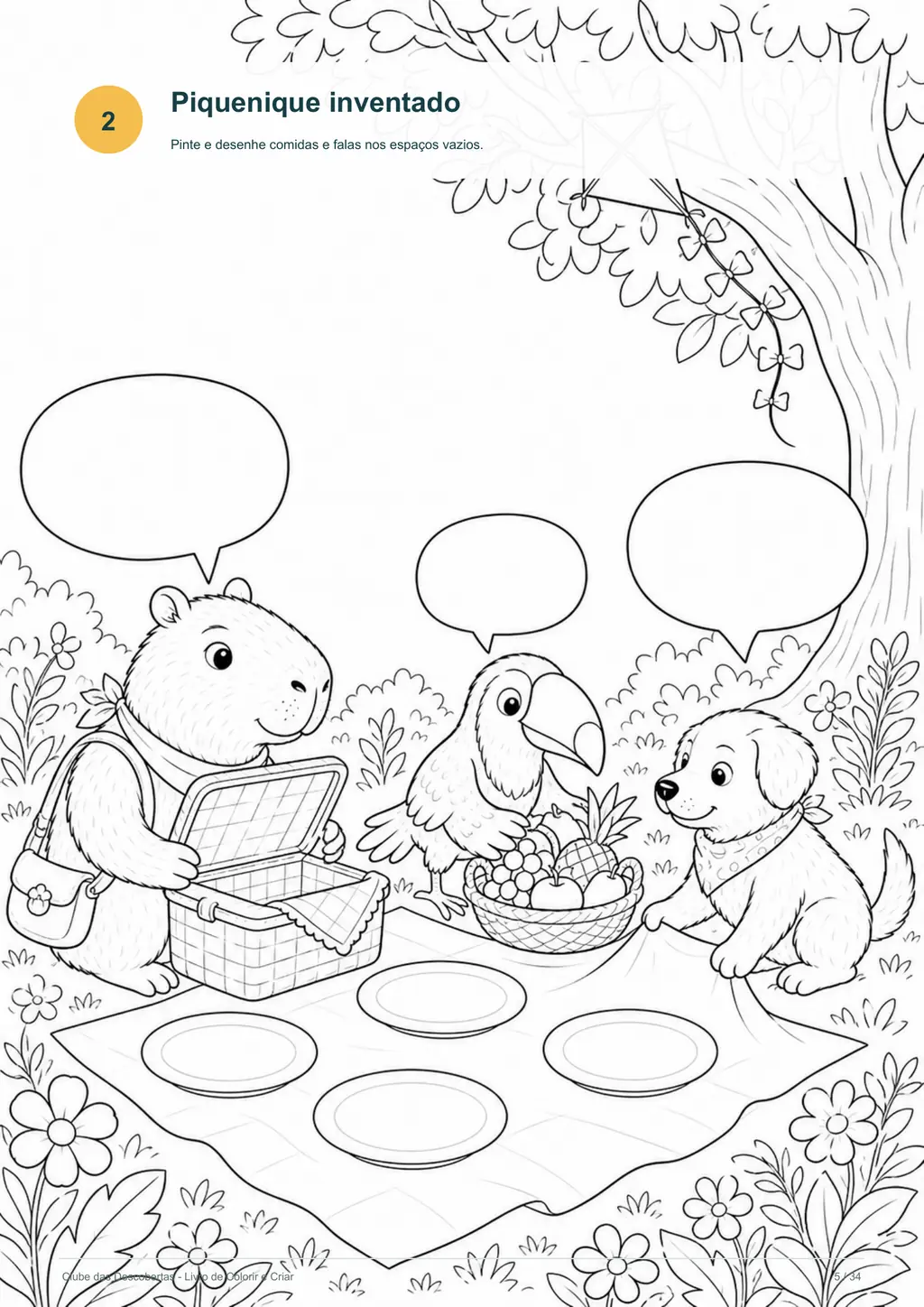 Página original Piquenique inventado, com personagens e espaços para criar