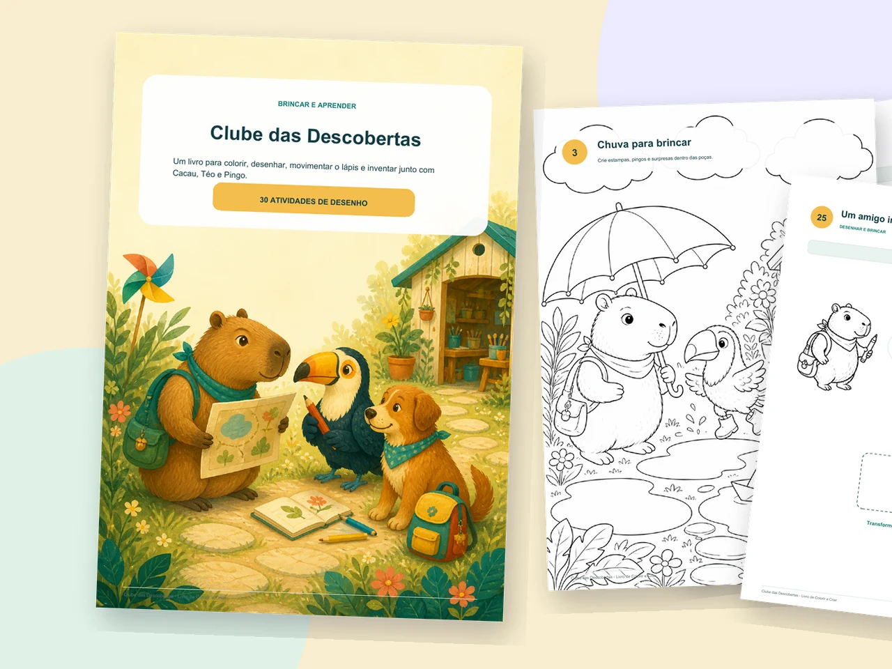 Clube das Descobertas: capa do PDF e páginas reais das atividades