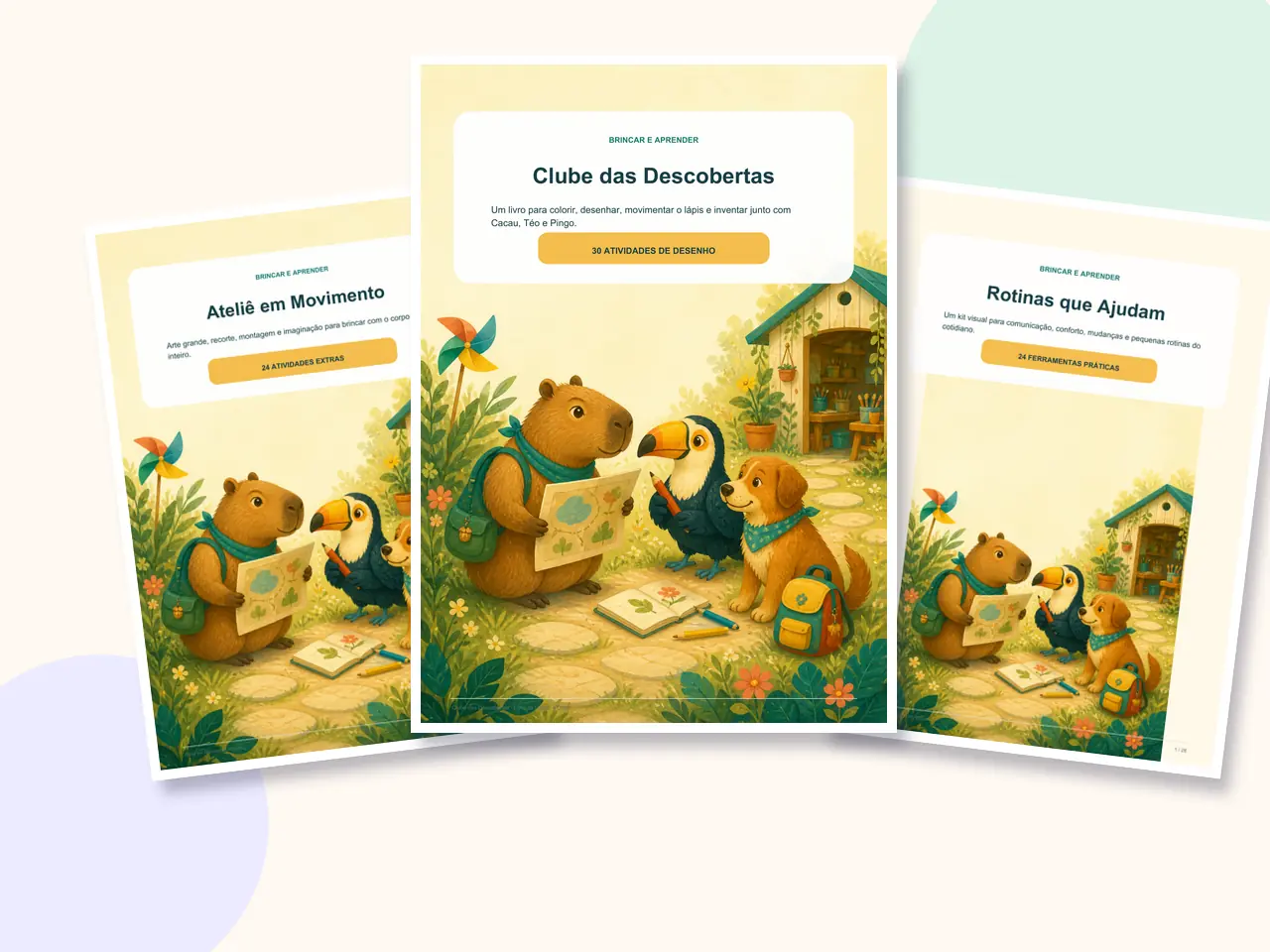 Mockup dos três materiais: Clube das Descobertas, Ateliê em Movimento e Rotinas que Ajudam