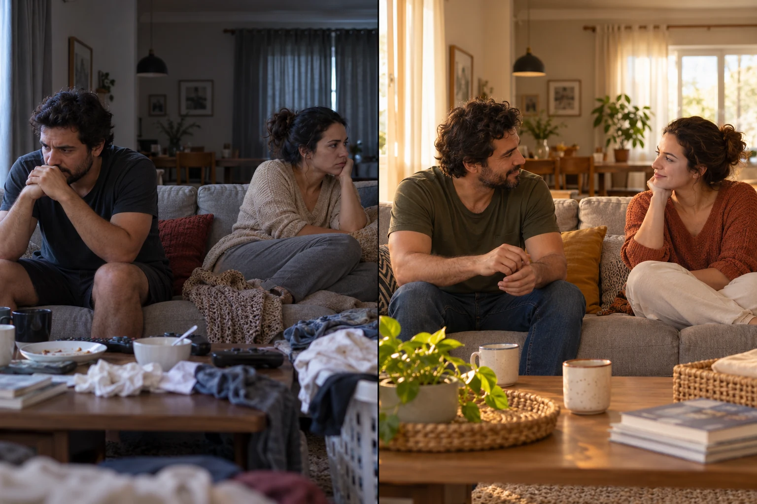 Duas cenas ilustrativas: um casal distante em uma sala desorganizada e um casal conversando em um ambiente acolhedor