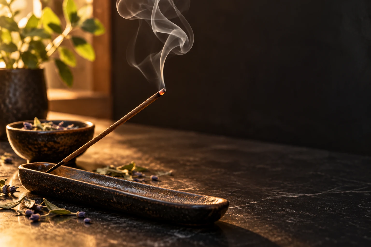 Imagem ilustrativa de um incenso com fumaça suave em suporte de cerâmica